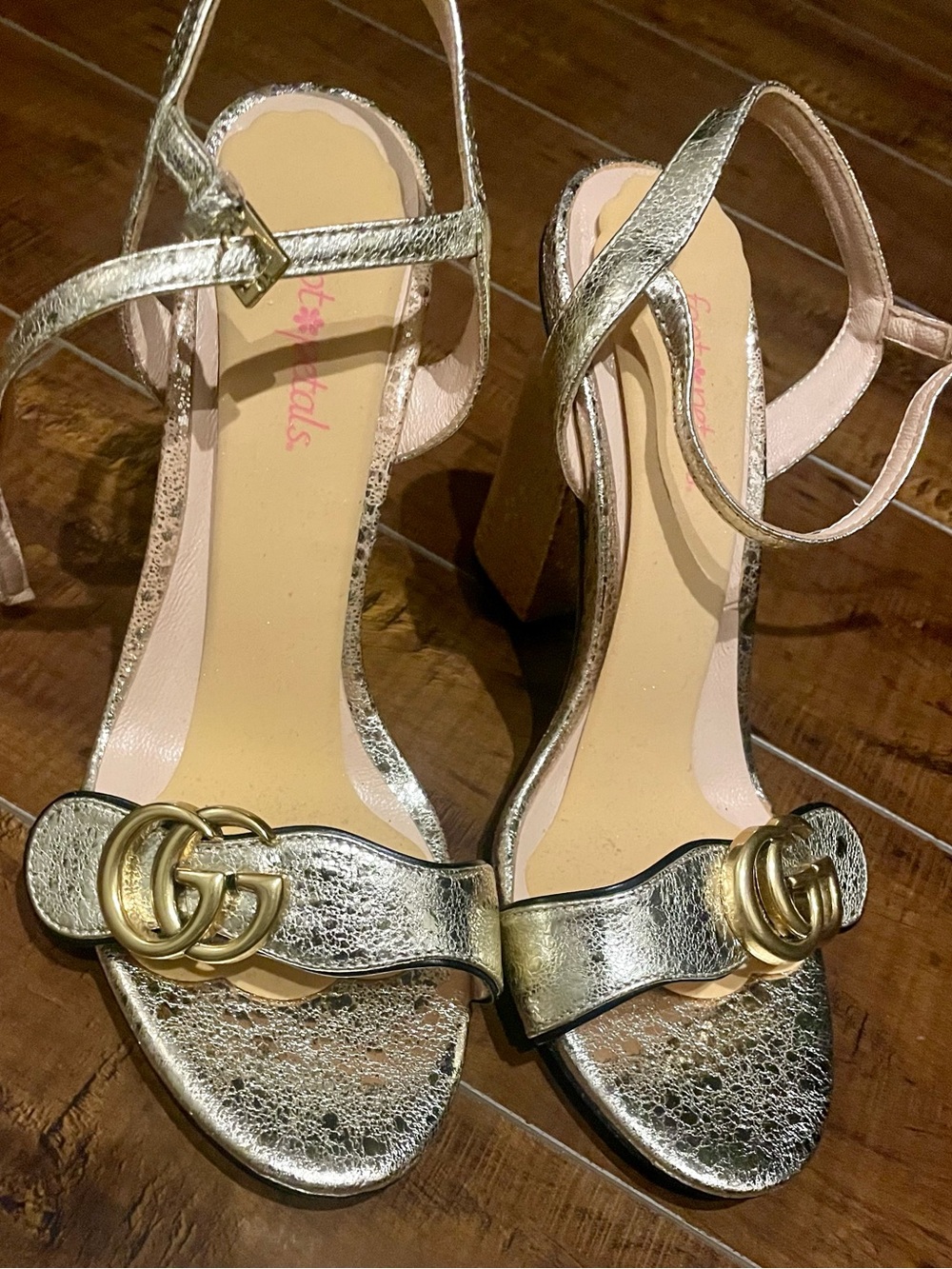 Gucci Metallic Gold Block Heel Sandals with Double-G Accent